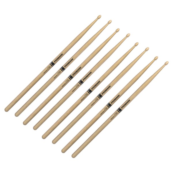 Promark Rebound 7A Long Hickory Drumsticks Acorn Wood Tip, 4 Pair Value Bundle