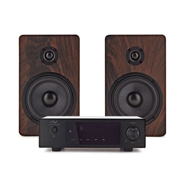 AVCOM Solid State Amplifier with Passive Speakers, Walnut