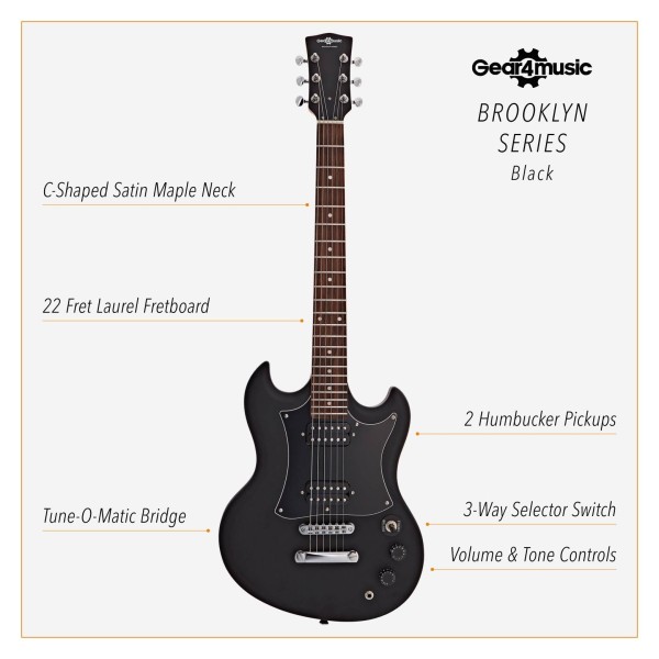 Brooklyn Electric Guitar Black, 10W Guitar Amp & Accessory Pack