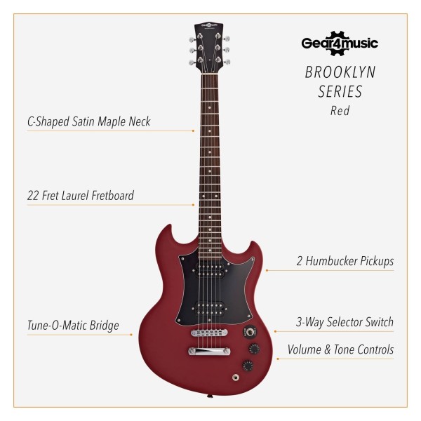Brooklyn Electric Guitar Red, 10W Guitar Amp & Accessory Pack