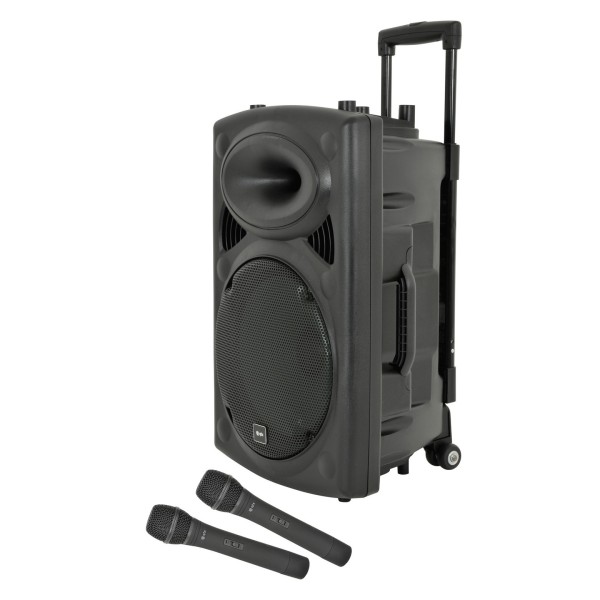 QTX QR12PA Portable PA Speaker Front Angle with Mics
