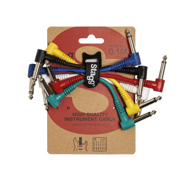 Stagg SPC010L E Mono Patch Cable 6-Pack, 10cm Right-Angle Jack to Jack