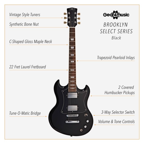 Brooklyn Select Electric Guitar Black, 10W Guitar Amp & Accessory Pack