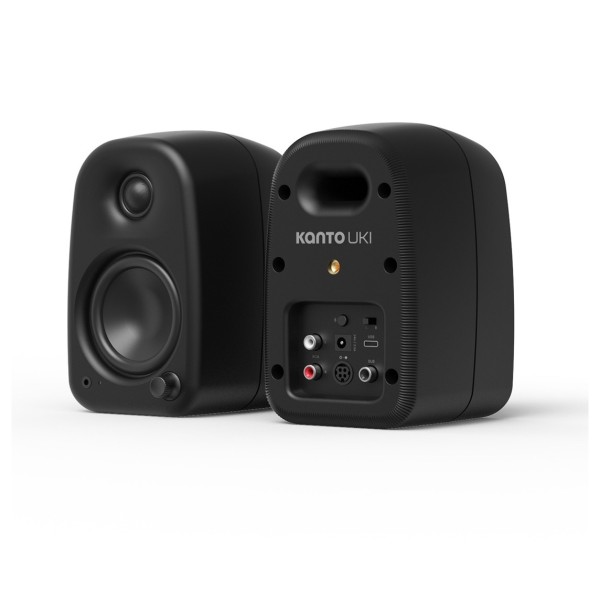 Kanto UKI 100W Desktop Speakers (Bluetooth, USB-C, Headphone out), Black (Pair) - Angled Front/Back