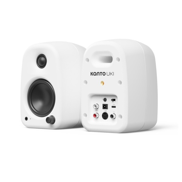 Kanto UKI 100W Desktop Speakers with Bluetooth, USB-C, Headphone Out, Chalk (Pair) - Angled Front/Back