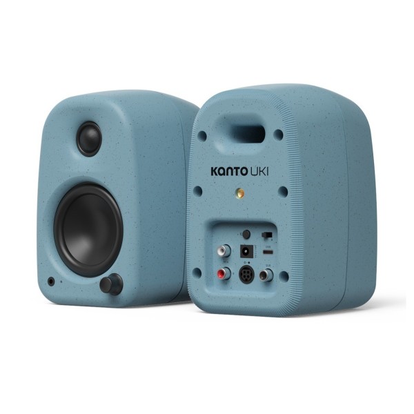 Kanto UKI 100W Desktop Speakers with Bluetooth, USB-C, Headphone Out, Blue (Pair) - Angled Front/Back