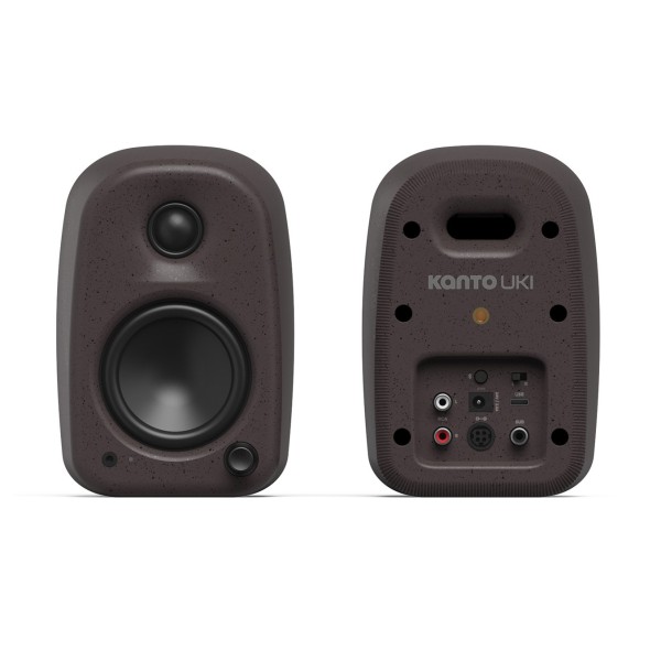 Kanto UKI Bluetooth Desktop Speakers, Pumice Grey - Front/Back
