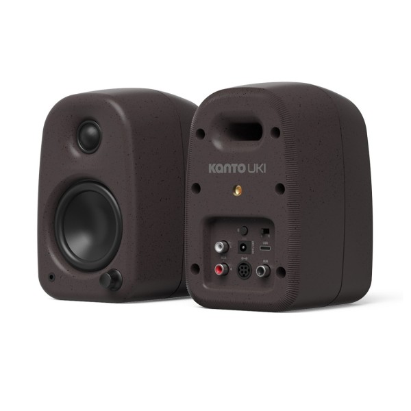 Kanto UKI 100W Desktop Speakers with Bluetooth, USB-C and Headphone Out, Pumice Grey (Pair) - Angled Front/Back