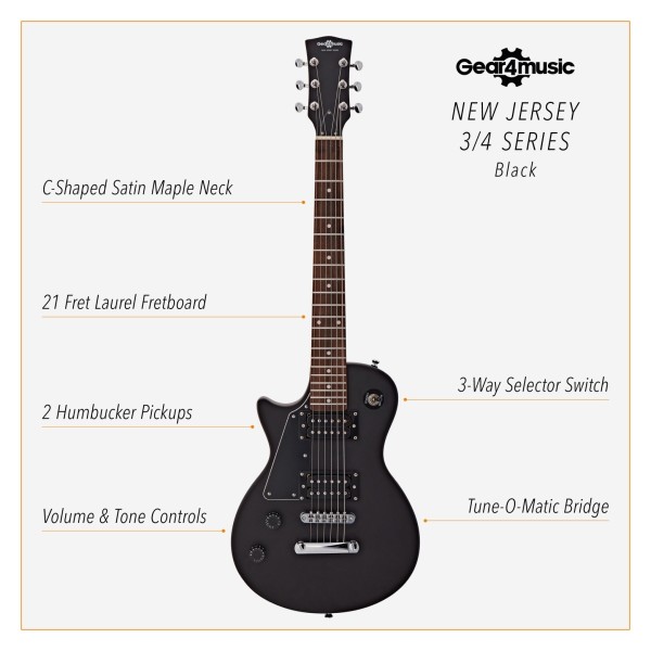 3/4 New Jersey Left Handed Electric Guitar by Gear4music, Black