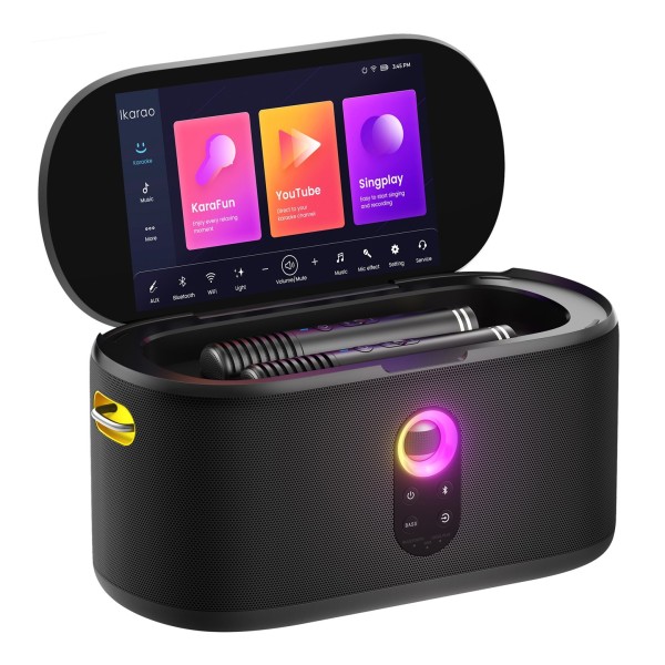IKARAO Shell S1 Touchscreen Karaoke Machine with Wireless Microphones - Angled