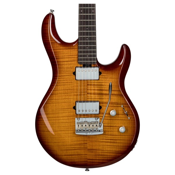 Sterling by Music Man Luke, Flame Maple Hazel Burst front close up