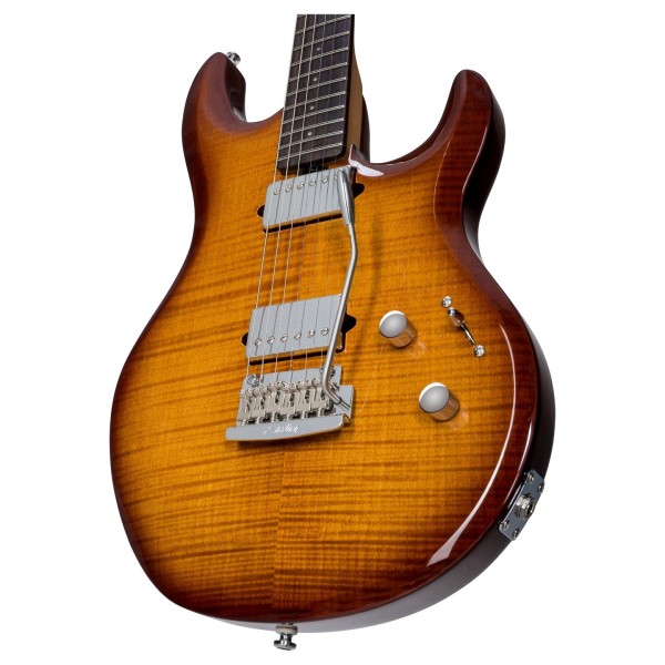 Sterling by Music Man Luke, Flame Maple Hazel Burst front close up angle