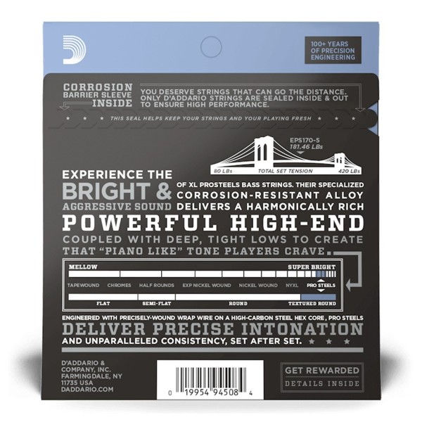 Daddario Eps170-5 5-string Prosteels Bass Guitar Strings Light 45-130 Long Scale