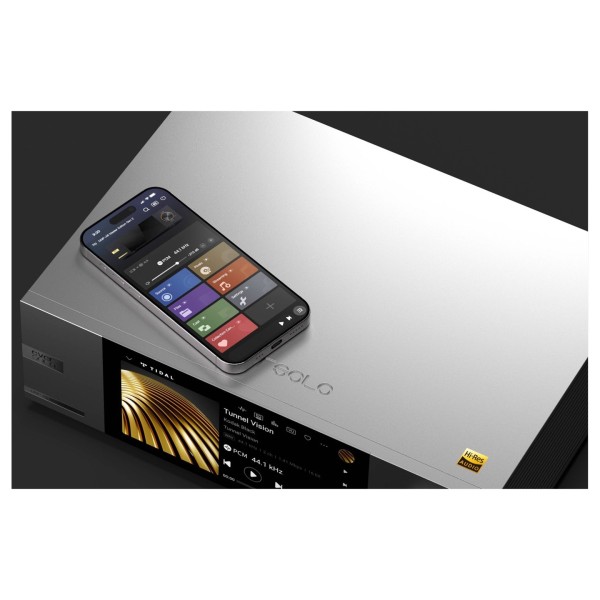 Eversolo DMP-A6 Master Edition Gen 2 Streaming Music Player, Silver - lifetyle turn and phone 