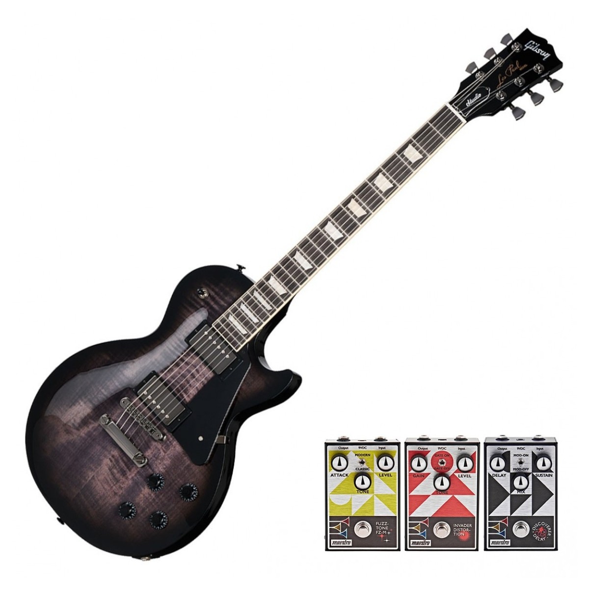 Click to view product details and reviews for Gibson Les Paul Studio Session Translucent Ebony Burst W 3 Free Maestro Pedals.