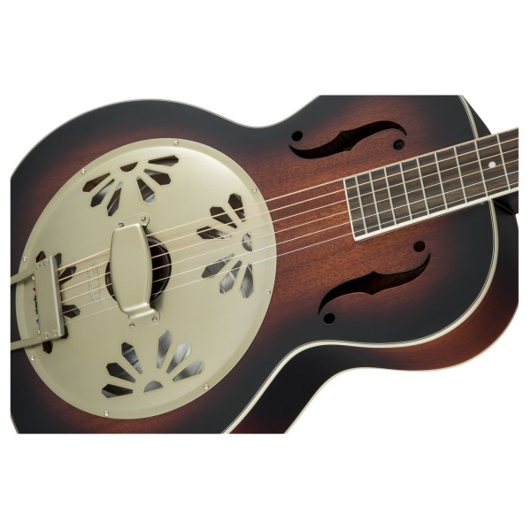 Gretsch G9240 Alligator Biscuit Roundneck Resonator, 2-Color Sunburst front close up angle view
