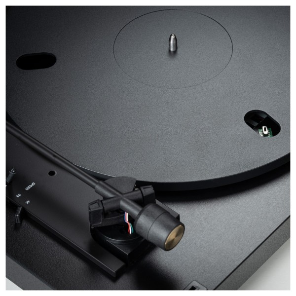 Pro-Ject A1.2 Fully Automatic Turntable, Black - Detail Image, tonearm, counterweight, phono switch under platter