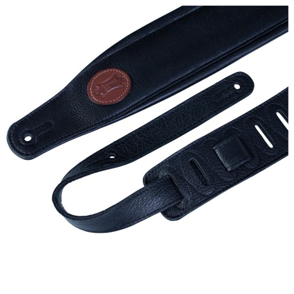 Levy's Signature Legacy 3.25" Leather Guitar Strap, Black with Brown Logo - strap ends
