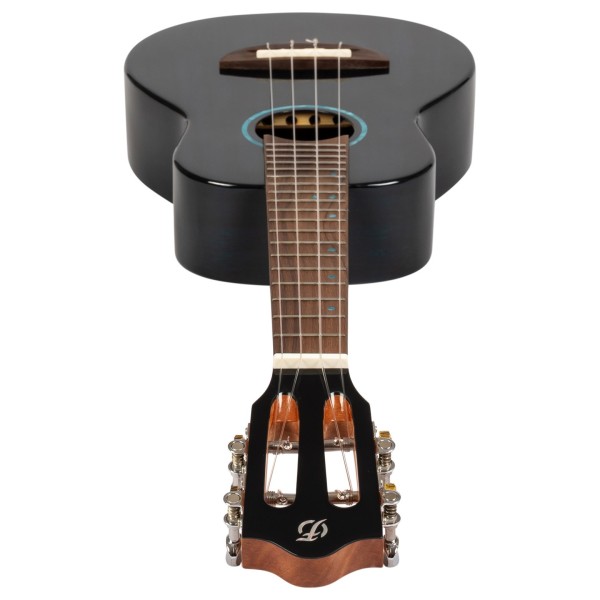 Flight Iris Concert Tinta Ukulele, Trans Blue - headstock