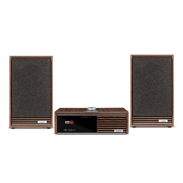 Ruark R610 Integrated Music System with Sabre-R Bookshelf Speakers (Pair), Walnut side by side 