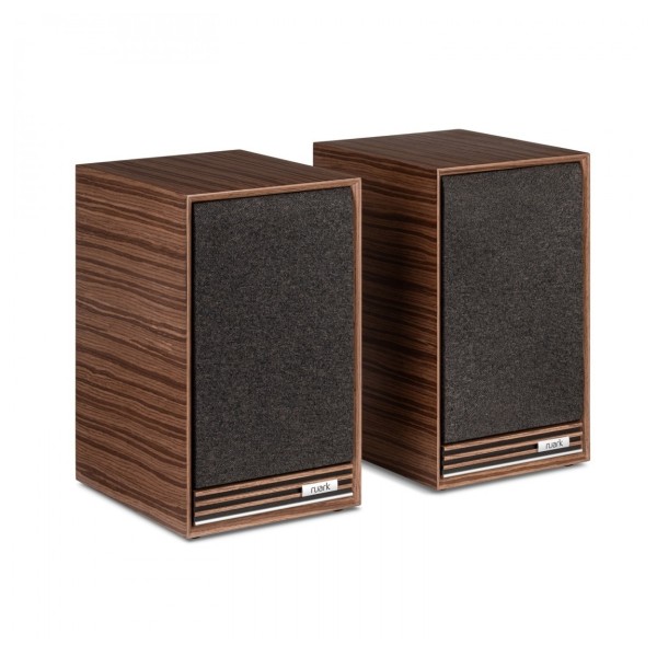 Ruark Audio Sabre-R Bookshelf Speakers (Pair), Fused Walnut angle with grilles on 