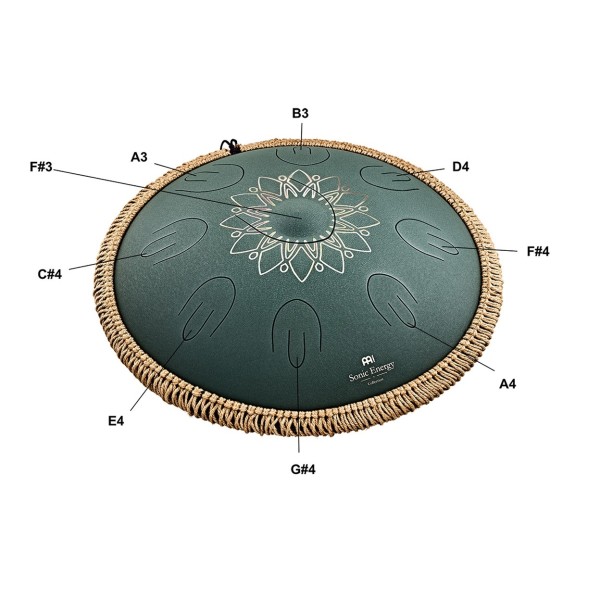Meinl Sonic Energy 16" Octave Steel Tongue Drum, F# Minor, 9 Notes, 432 Hz, Green Engraved Floral
