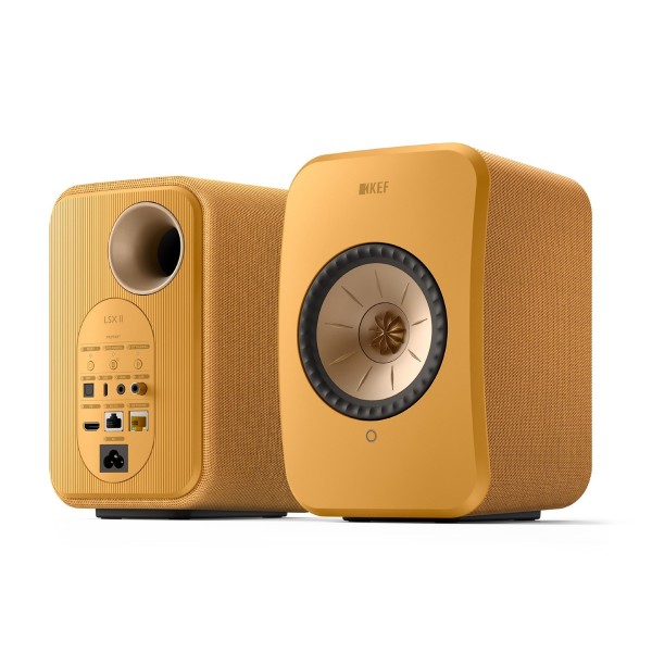 KEF LSX II Wireless Hi-Fi Speaker System (Pair), Amber Haze front and back angle 