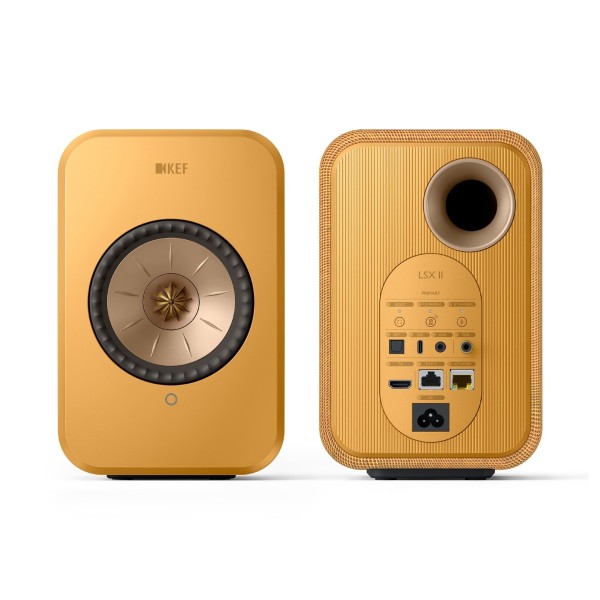 KEF LSX II Wireless Hi-Fi Speaker System (Pair), Amber Haze front and back 