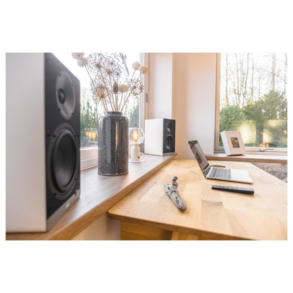 ELAC Debut ConneX DCB61 Active Speakers (Pair), White - Lifestyle Image, desk setup