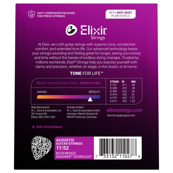 Elixir 11027 NANOWEB Custom Light Acoustic Strings, 11-52 - back