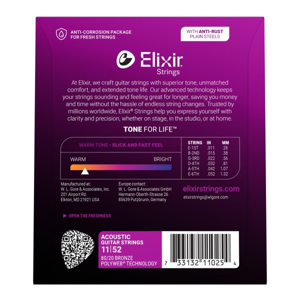 Elixir 11025 POLYWEB Custom-Light Acoustic Strings, 11-52 - back