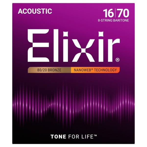 Elixir 11308 NANOWEB Baritone 8-String Acoustic Strings, 16-70