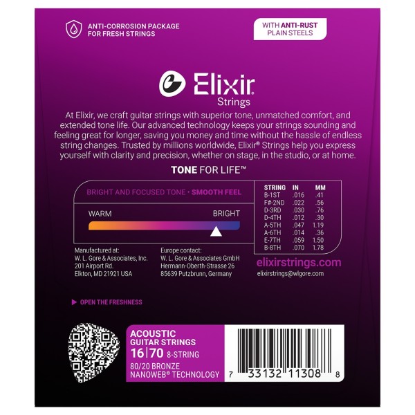 Elixir 11308 NANOWEB Baritone 8-String Acoustic Strings, 16-70 - back
