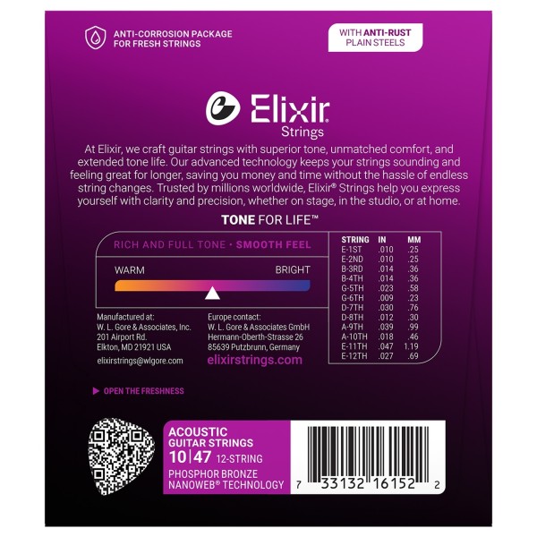 Elixir 16152 NANOWEB Phosphor Bronze 12-String Set, 10-47 - back