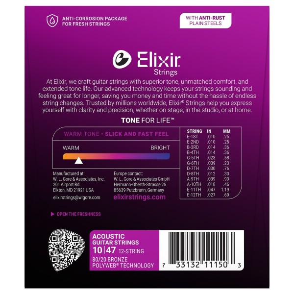 Elixir 11150 POLYWEB 12-String Acoustic Guitar Strings,10-47 - back