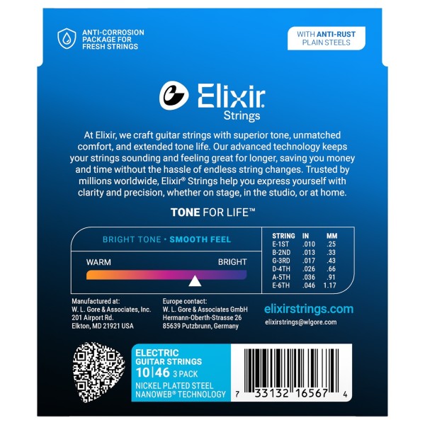 Elixir Nanoweb Guitar Strings 3 Pack, 10-46 - back