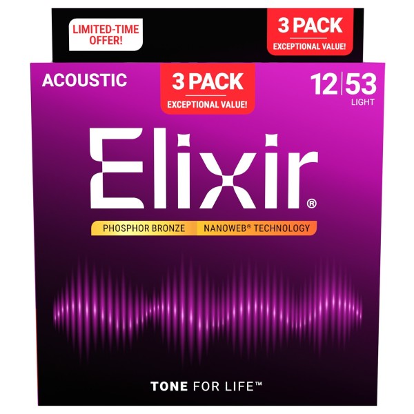 Elixir Phosphor Nanoweb Acoustic Strings 3 Pack, 12-53
