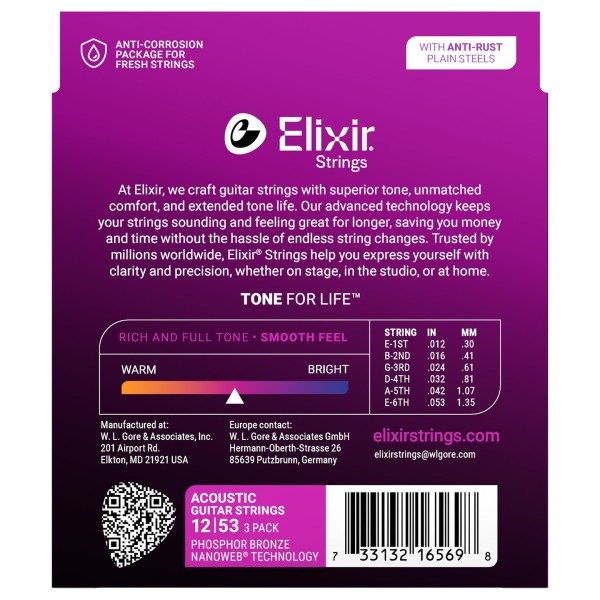 Elixir Phosphor Nanoweb Acoustic Strings 3 Pack, 12-53 - back