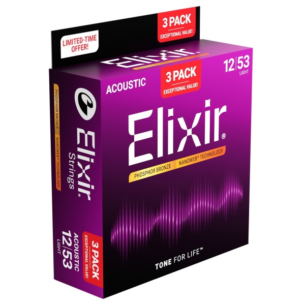 Elixir Phosphor Nanoweb Acoustic Strings 3 Pack, 12-53 - side