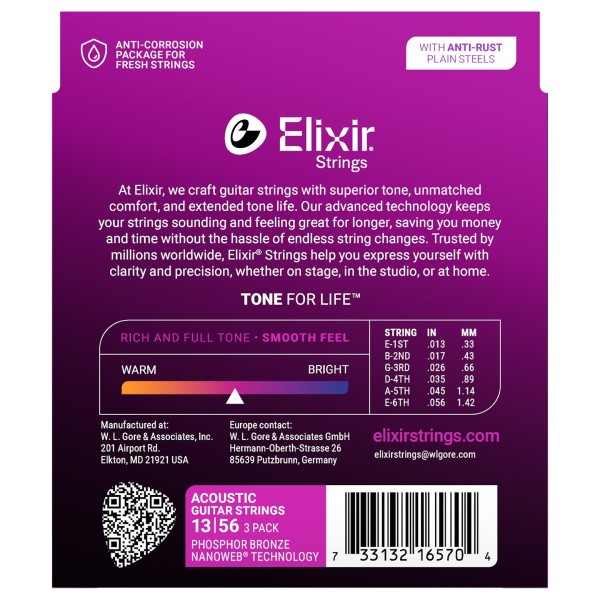 Elixir Phosphor Nanoweb Acoustic Strings 3 Pack, 13-56 - back