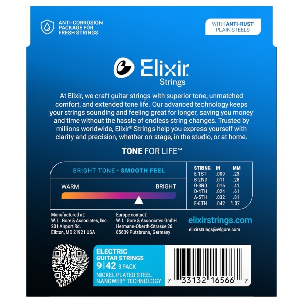 Elixir 16566 NANOWEB Guitar Strings 3 Pack, 9-42 - back