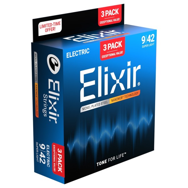 Elixir 16566 NANOWEB Guitar Strings 3 Pack, 9-42 - side