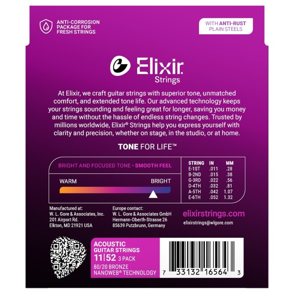 Elixir 80/20 Nanoweb Acoustic Strings 3 Pack, 11-52 - back
