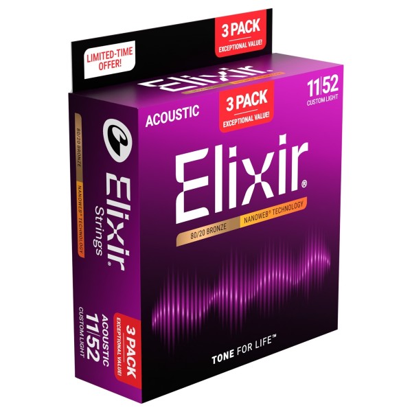 Elixir 80/20 Nanoweb Acoustic Strings 3 Pack, 11-52 - side