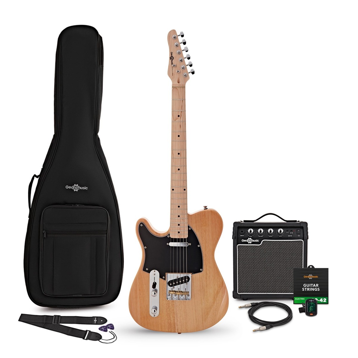Gear4Music Knoxville elektrische gitaar Natural 10 W gitaarversterker en accessoirepakket