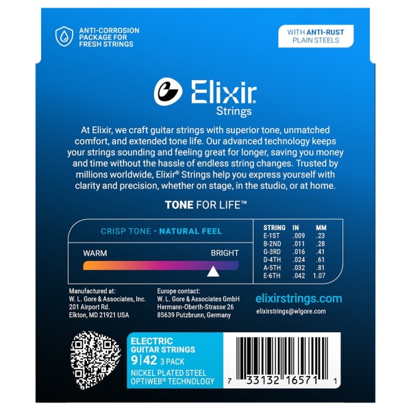 Elixir 16550 OPTIWEB Guitar Strings 3 Pack, 9-42 - back