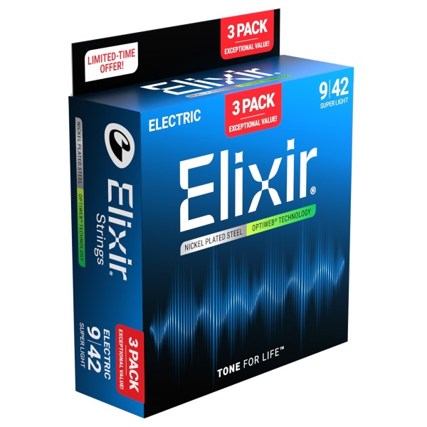 Elixir 16550 OPTIWEB Guitar Strings 3 Pack, 9-42 - side