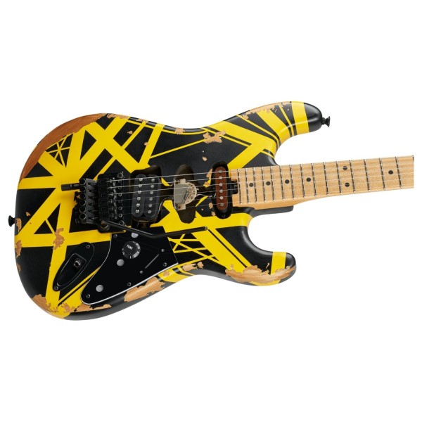 EVH Limited Edition Striped Series Frankenstein Frankie MN, Black with Yellow Stripes, Aged - body
