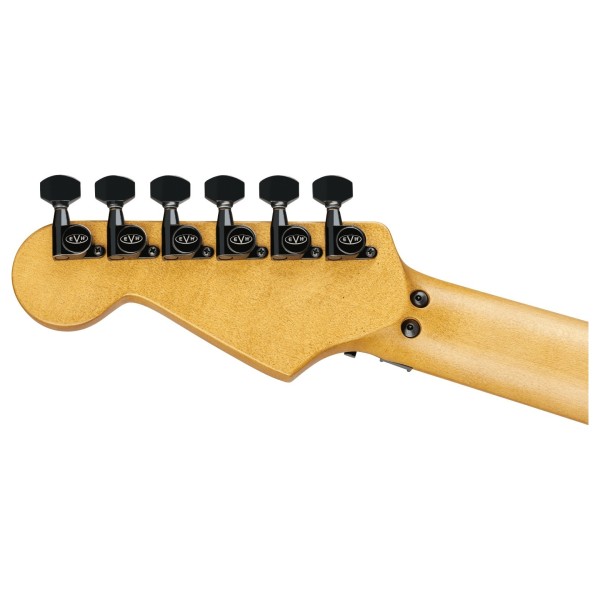 EVH Limited Edition Striped Series Frankenstein Frankie MN, Black with Yellow Stripes, Aged - back of headstock