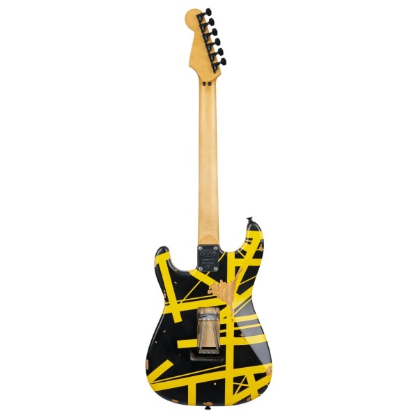 EVH Limited Edition Striped Series Frankenstein Frankie MN, Black with Yellow Stripes, Aged - back